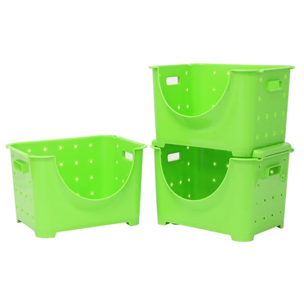 Basicwise Stackable Storage Container, Green, Plastic, 3 PK QI003215G.3
